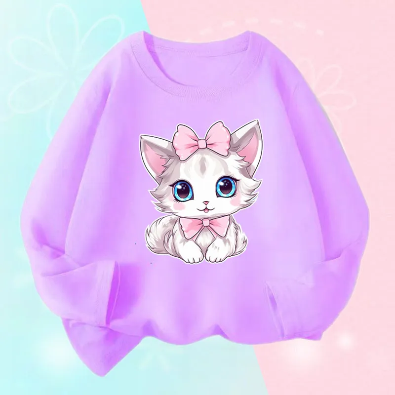 2023 New Girls T-shirt Kids O Neck Long Sleeve Cat Puppy Tops Fashion Animal Cute Pet Print Daily Casual Street Wear