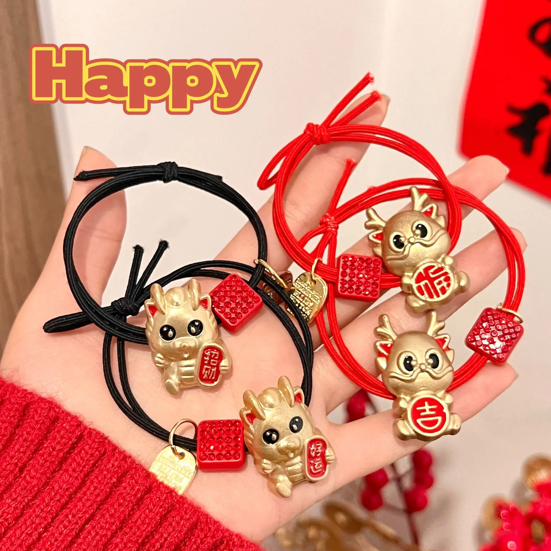 Dragon Year Zodiac Red Rope Metal Red New Year Hair Ring Female High Elastic Rubber Band Head Rope Celebration