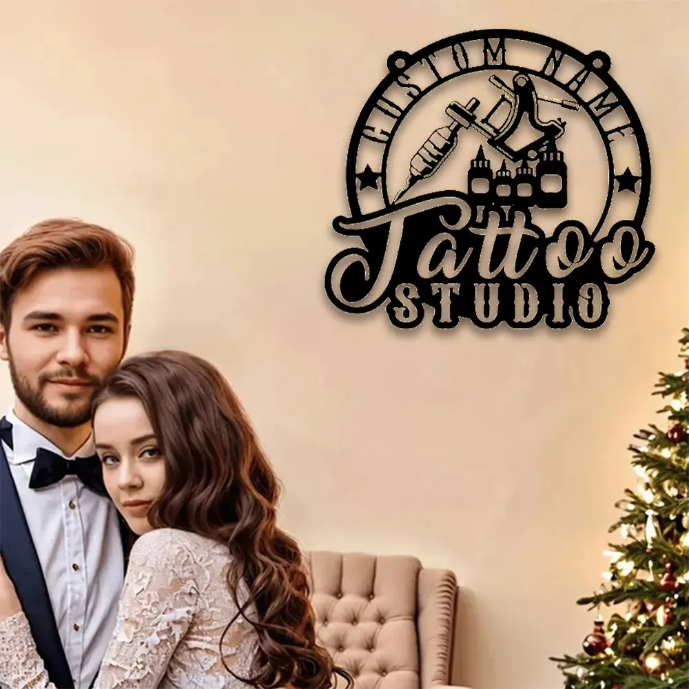 Customizable 2D Flat Tattoo Studio Iron Art Plaque with Name Wall Art And Hanging Chain Durable And Eye-Catching Design for Home