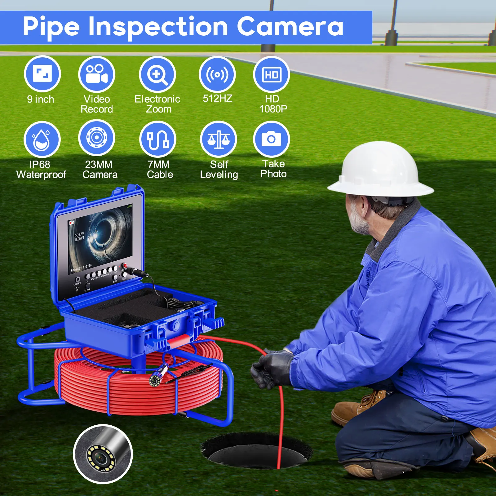 Pipe Inspection Camera 7mm Diameter IP68 Drain Sewer Pipeline Industrial Endoscope 512HZ Self-leveling Meter Counter 9