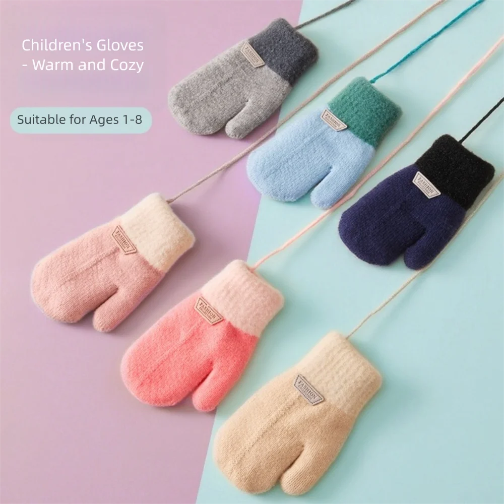 Guantes de invierno cálidos y bonitos, manoplas a prueba de viento y frío para niños, guantes de punto gruesos de Color caramelo para niños pequeños