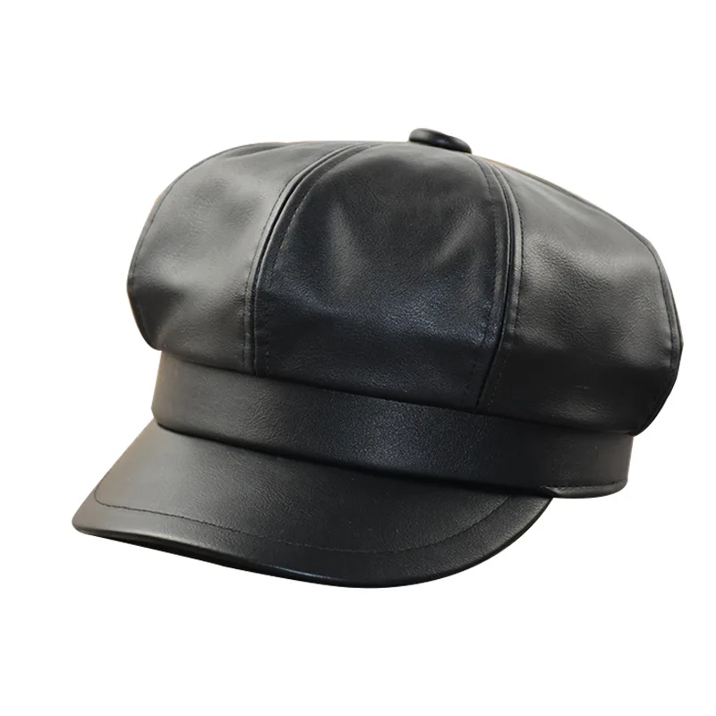 54-62cm Big Head Plus Size 8 Panels Newsboy Caps for Women PU Leather Cabbie Painter Hat Gatsby Ivy Beret Octagonal Cap