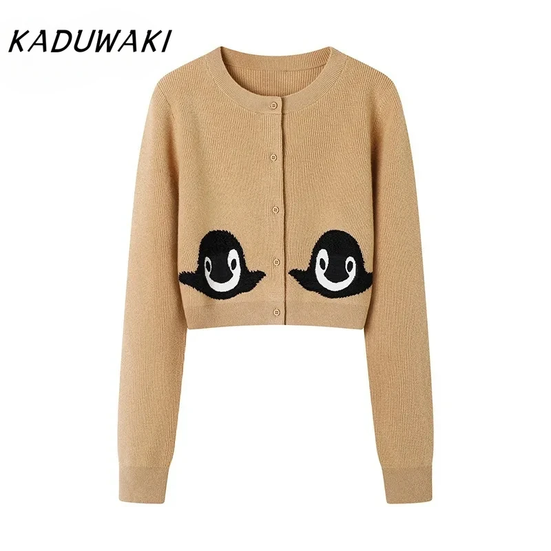 KADUWAKI Korean Classic Autumn Women's Retro Style Jumpers Solid Collision Penguin Head Jacquard Short Knit Sweaters 여성 반팔 니트