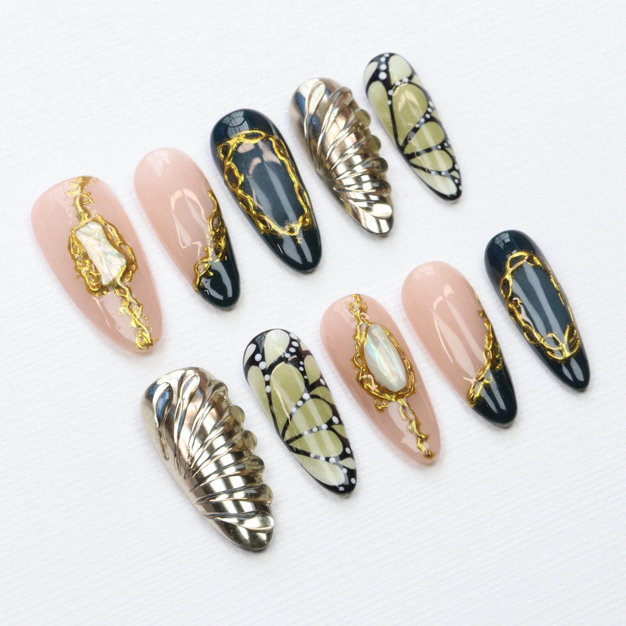 10Pcs Hand-Painted Free Style Press On Nail,Y2K 3D Acrylic Metallic Crystal Custom Design FreeStyle Almond Press Holiday Nails
