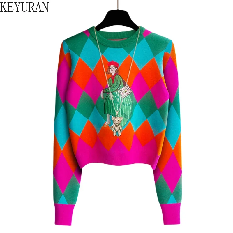 Vintage Cartoon Embroidery Sequins Knit Pullover Sweater Women Spring Autumn O-Neck Fashion Contrast Color Kntiwear Tops Jumper