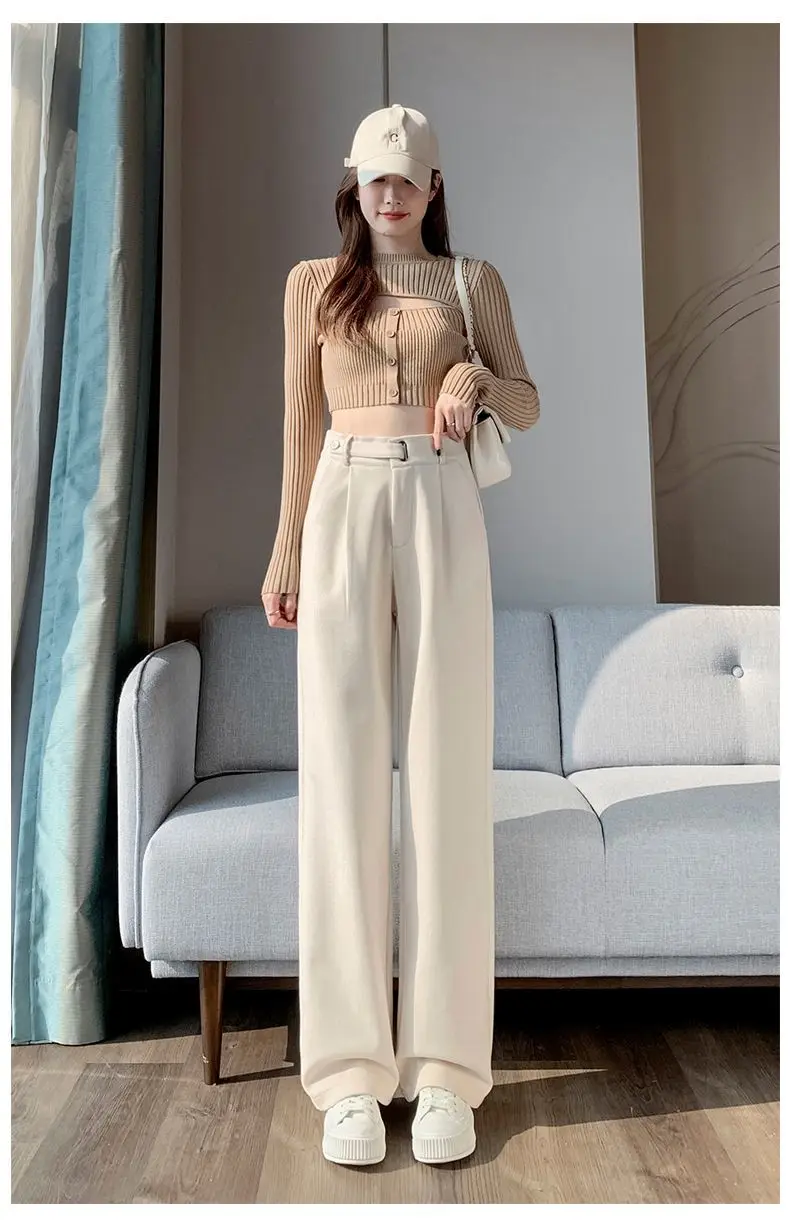 Brown Woolen High-end Suit Pants for Women in Autumn and Winter 2023 New Narrow Version Straight Wide-leg Pants with Drape