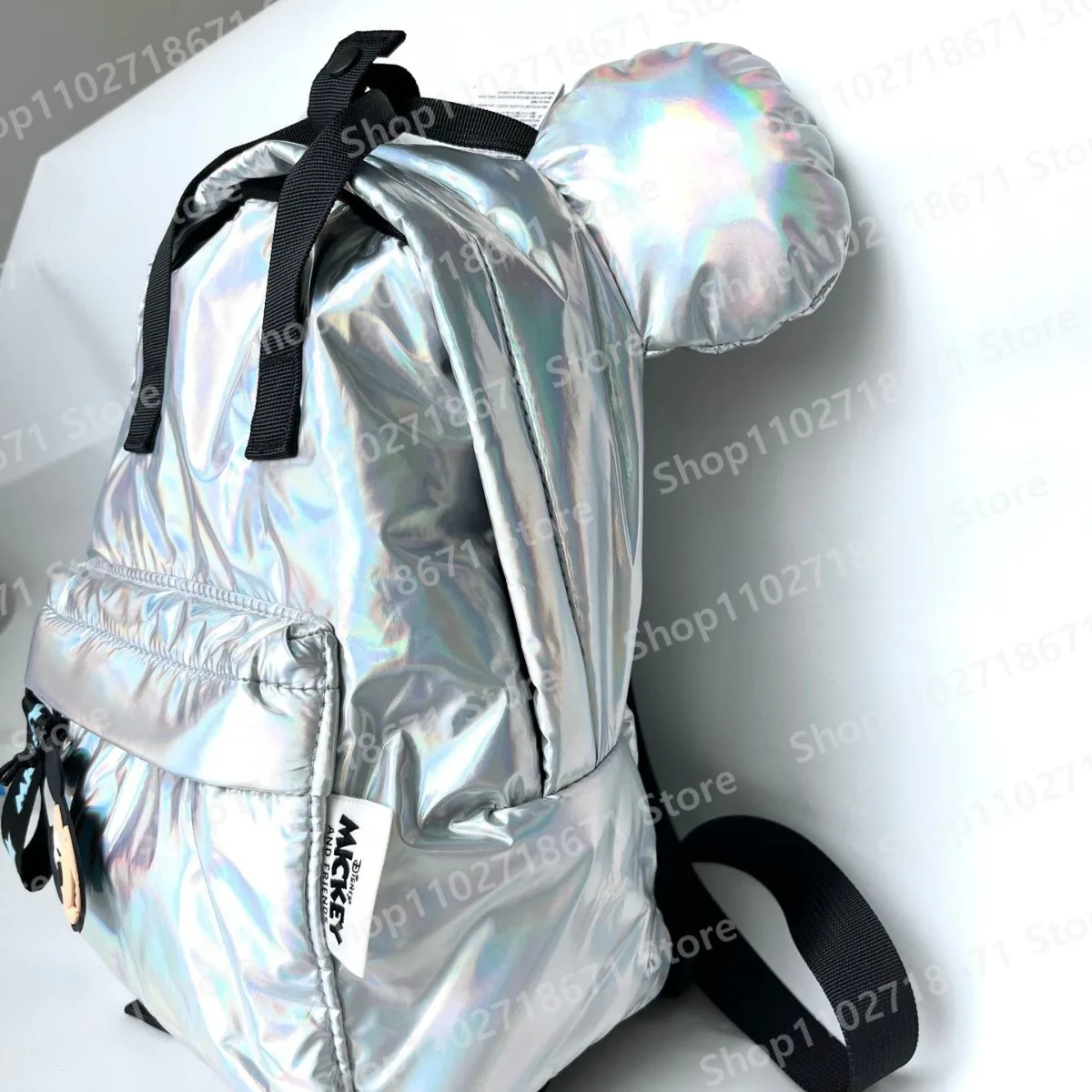 Disney Mickey Mouse prata Laser reflexivo luz Material mochila, mochila criativa para crianças, menina e menino presente, bolsa de moda