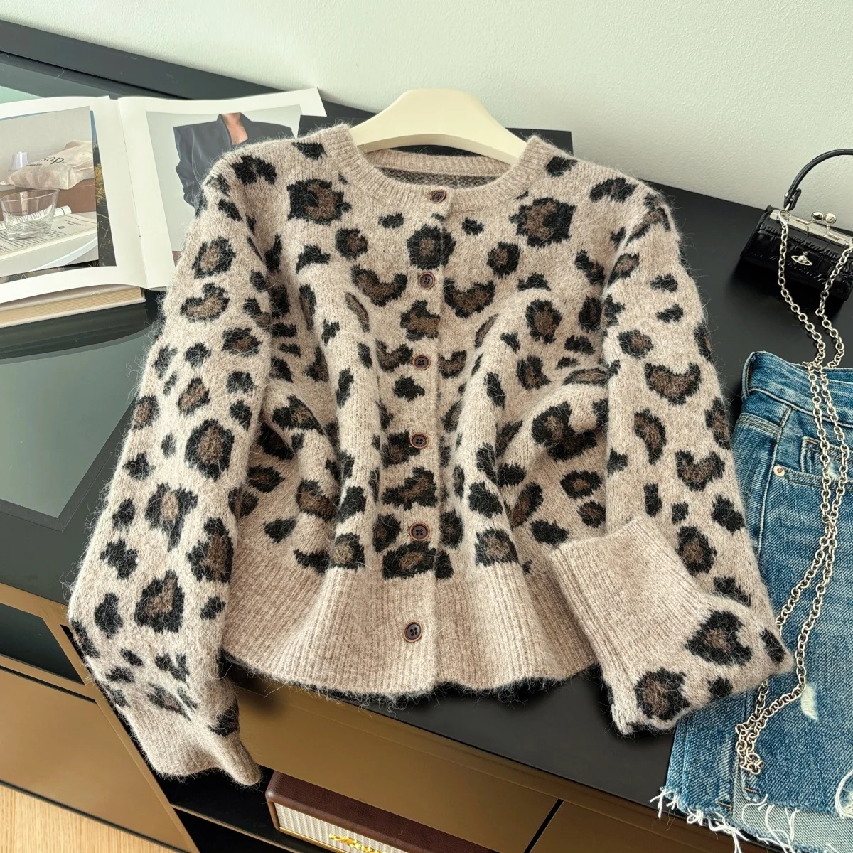 

Женский леопардовый кардиган, свитер, верхняя одежда, винтажный джемпер, вязаный кашемировый свитер с длинными рукавами, осень-зима, модная одежда 2000-х годов