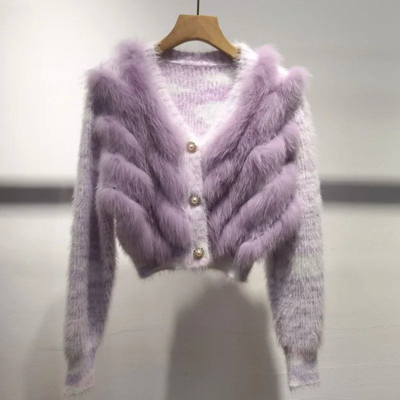 Real Fox Fur Sweater Stitching Fur Female Short Cardigan Coat Sweater Furry 2025 New Spring and Autumn Tops