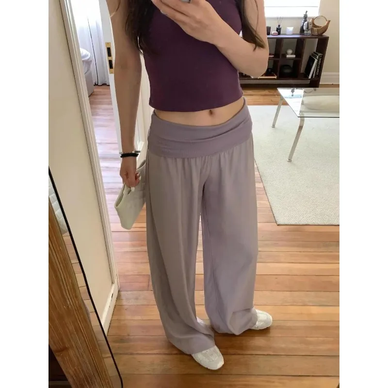 

Women Fold Over Waist Wide Leg Pants Casual Loose Floor Length Loungewear Pants Plus Size