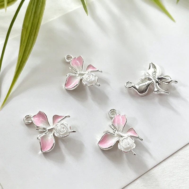 4Pcs Alloy Versatile Sweet Gradient Rose Butterfly Small Pendant DIY Bracelet Necklace Bead Rope Charm Accessory