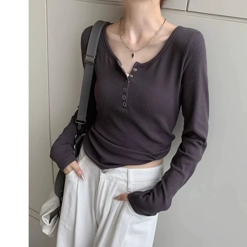 Long Sleeve Korean Fashion T-shirts Women Winter Y2K Kpop Tops Buttons Sexy Vintage Tee Shirts Autumn Cheap Clothes Woman Tshirt