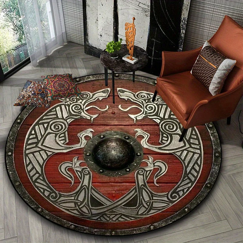 Medieval Viking Shield Pattern Round Area Rug, Non Slip Decorative Floor Mat for Living Room Game Room Bedroom Yoga and Travel