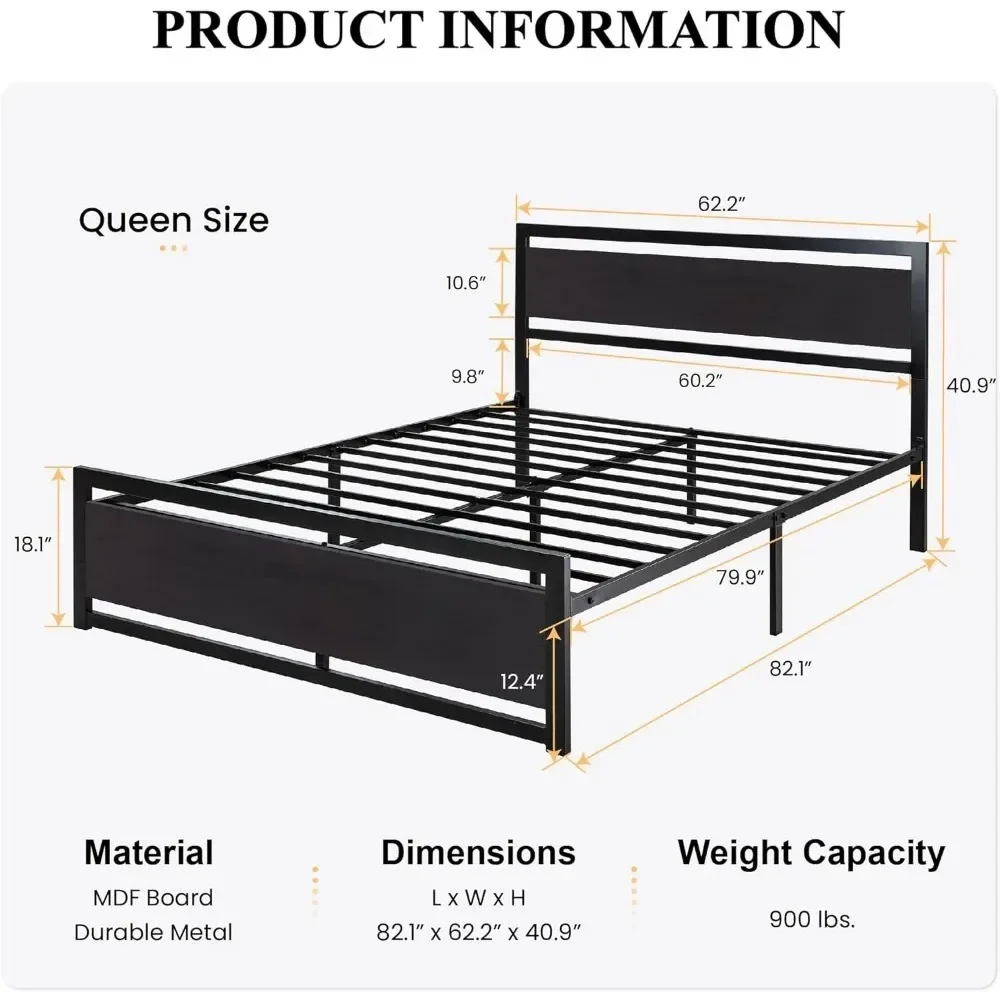 Marco de cama tamaño Queen con cabecero de madera moderno, plataforma resistente, marco de cama de Metal con marco cuadrado, reposapiés y 13 fuertes