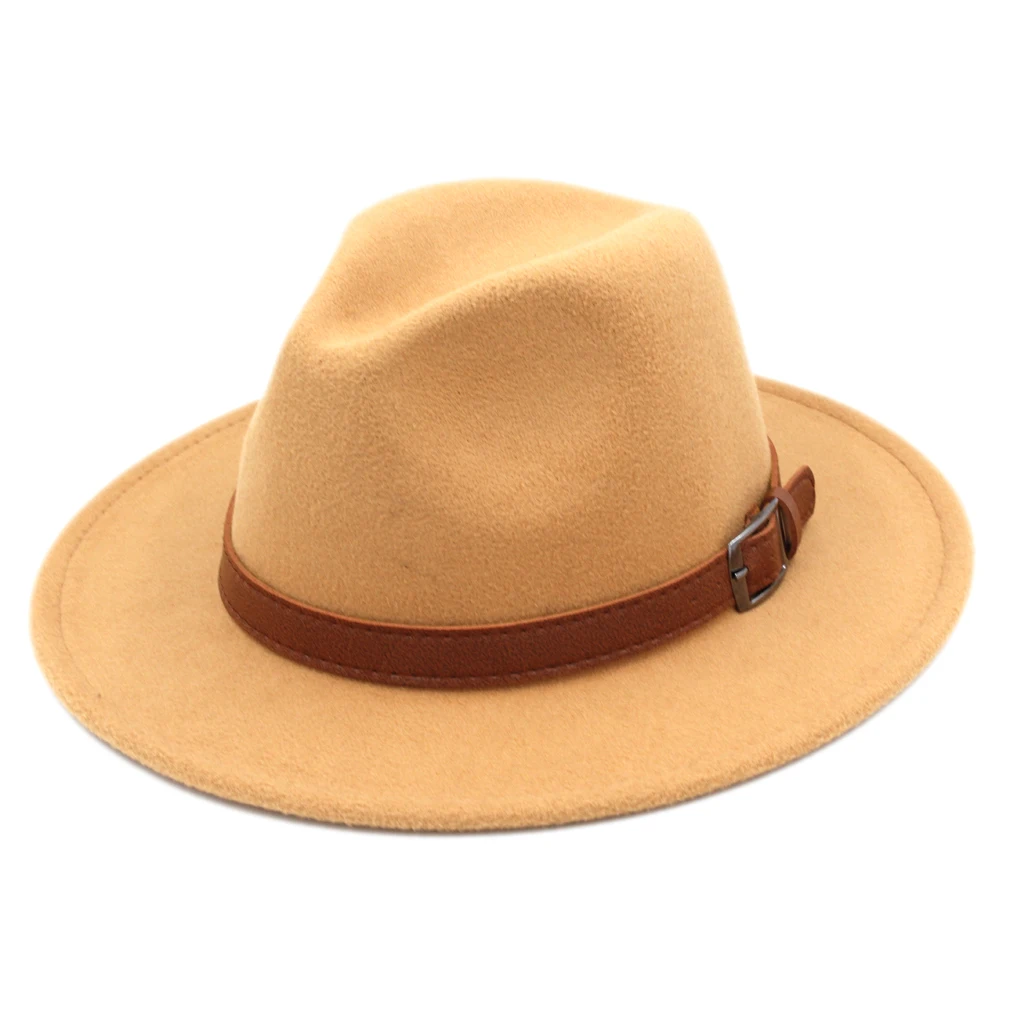 

Men's Women's Felt Fedora Hat Wide Brim Trilby Panama Hat Church Wedding Gangster Jazz Cap with Brown Leather Belt Size 56-58cm
