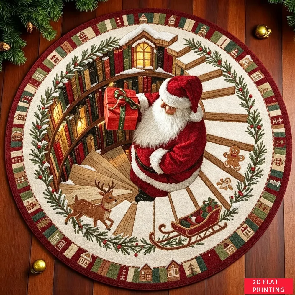 Cozy Santa Claus Library Staircase Reindeer Sleigh Gift Box Round Carpet For Christmas Decor With Warm Holiday Atmosphere Carpet
