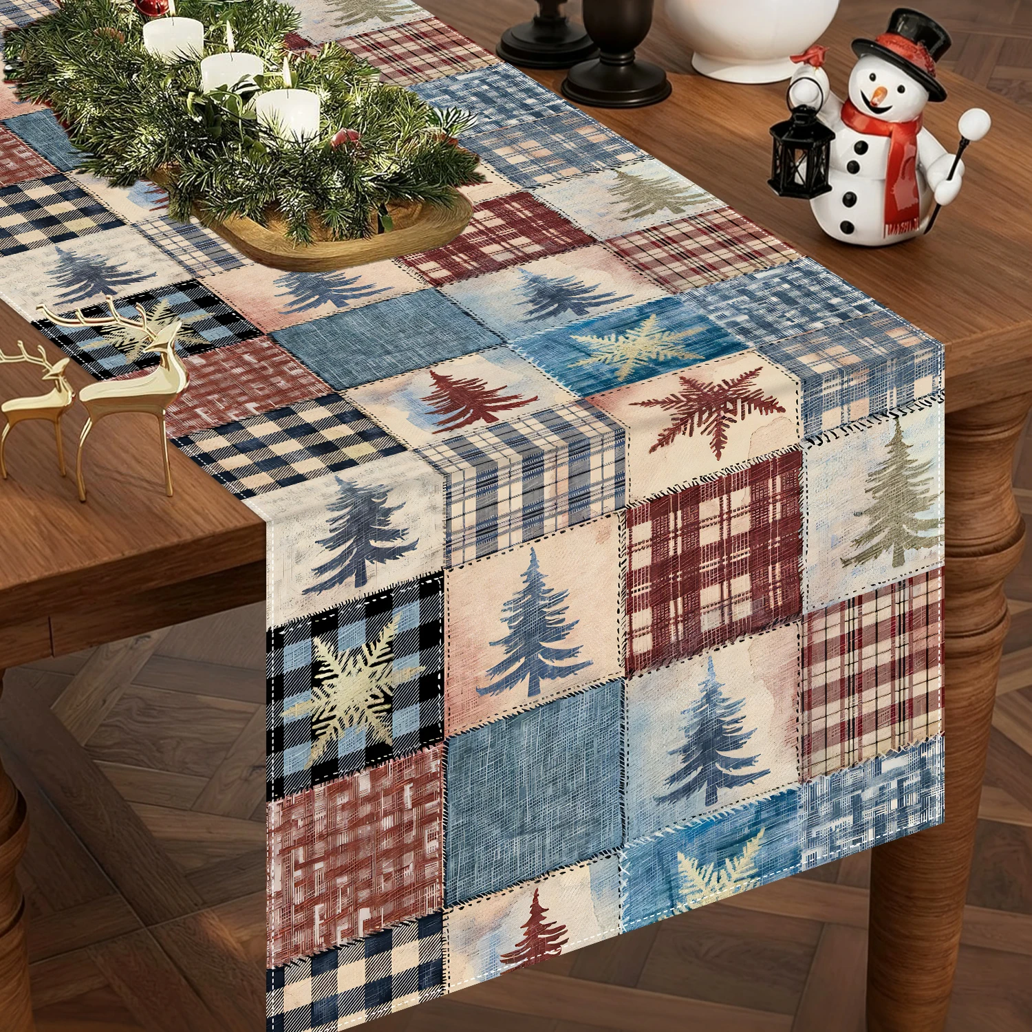 Christmas Table Runner 180x35cm Rustic Patchwork Xmas Tree Snowflake Plaid Winter Holiday Dining Table Decor Home Party