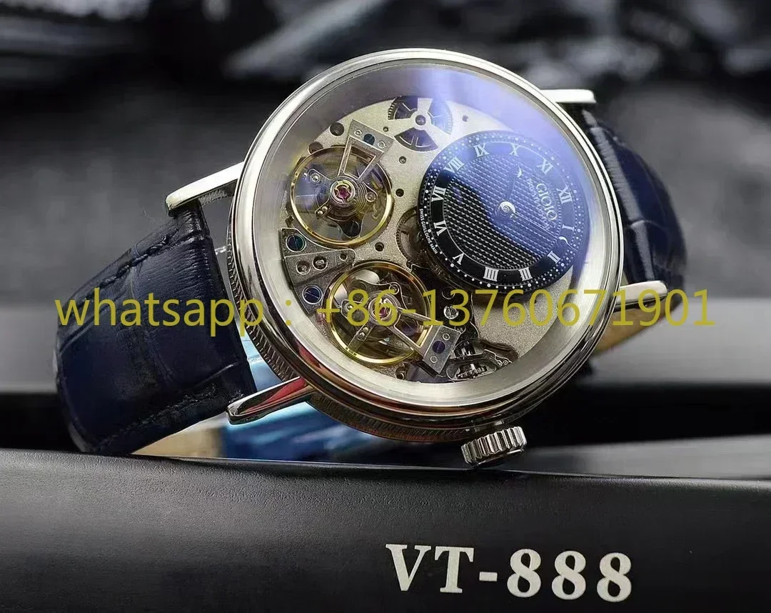 2023 New Automatic Watch for Men Mechanical Watches Rose Gold Stainless Steel Black Leather 2 Tourbillions Rome Dial