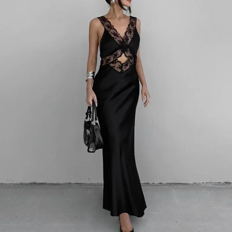 

Elegant Fashion Black Lace Patchwork Suspender Dress Women's Design Sense V-Neck Wrap Hip Dress Summer Dress