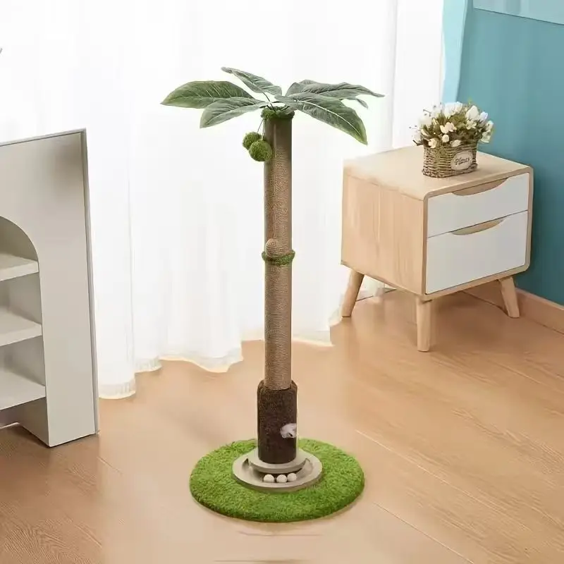 Tall Areca Palm Leaf Style Cat Tree Sisal Rope Scratching Post With Mouse Teaser Cat Toy