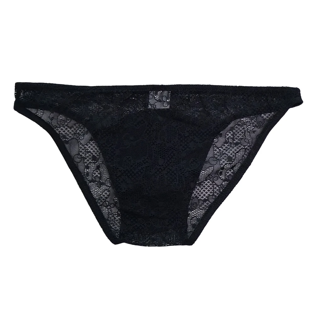 Men\'s Low Waist Triangle Briefs with Lace Mesh Design for Breathable Comfort, See-Through Style in Black or White, Sizes S-XL