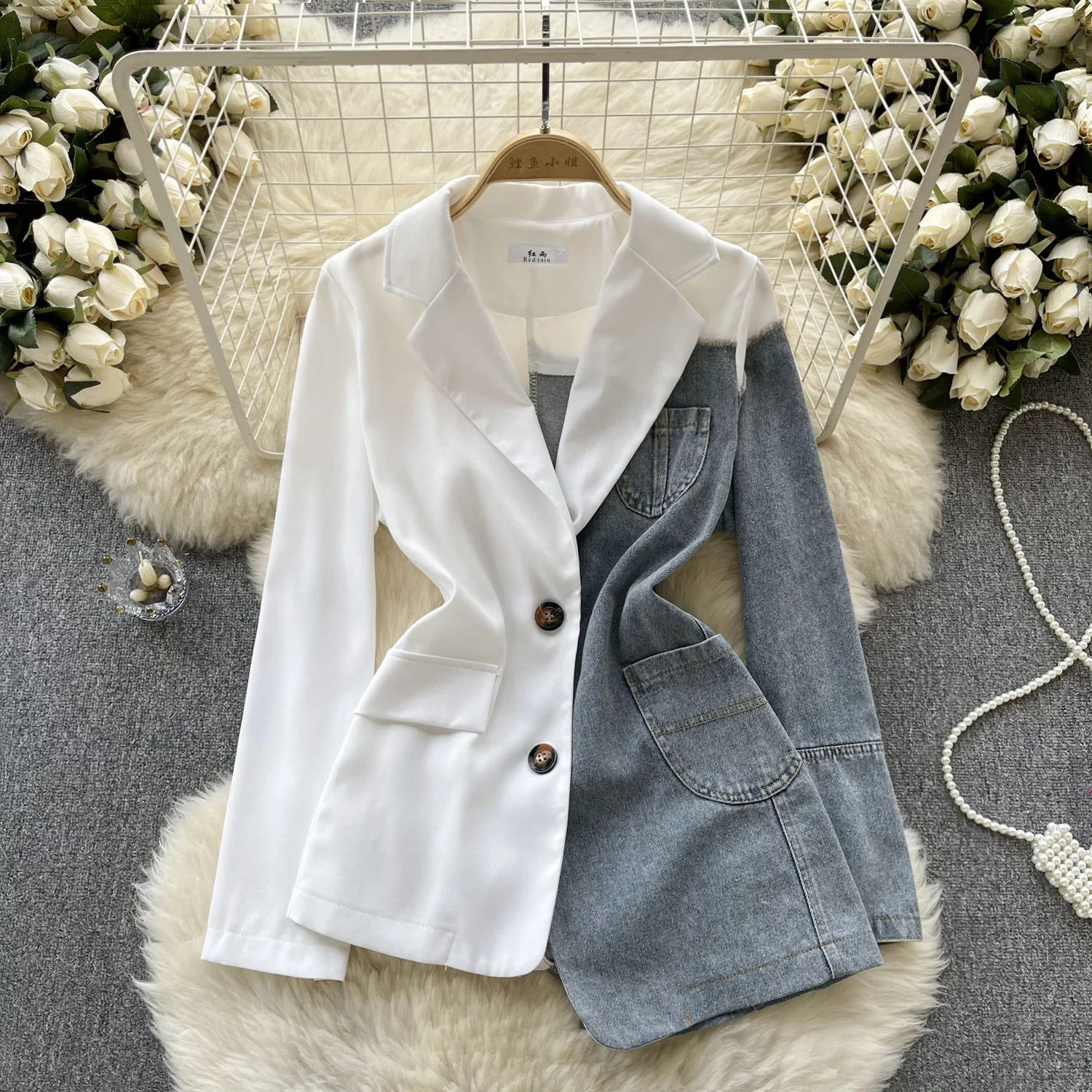 Vintage Patchwork Denim Blazer Women Spring Autumn Notched Long Sleeve Asymmetrical Jacket Office Lady Coat Blazer Mujer