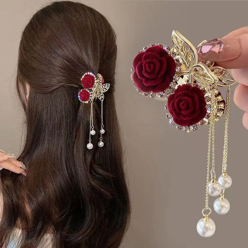 Rose Cherry Tassel Ponytail Grip Female Back Head Half Tie Hairpin High Sense Shark Clip Hairware