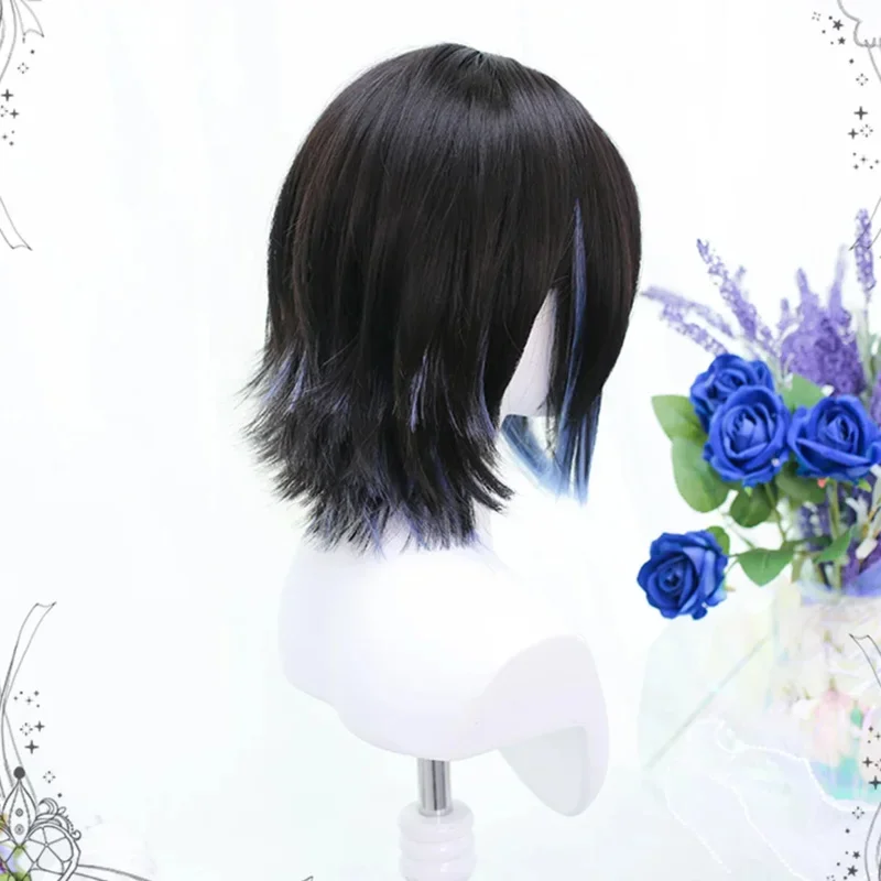 HOUYAN Short Hair Blue Highlights Black Female Bangs Lolita Cosplay Wig Heat Resistant Synthetic Hair Wig