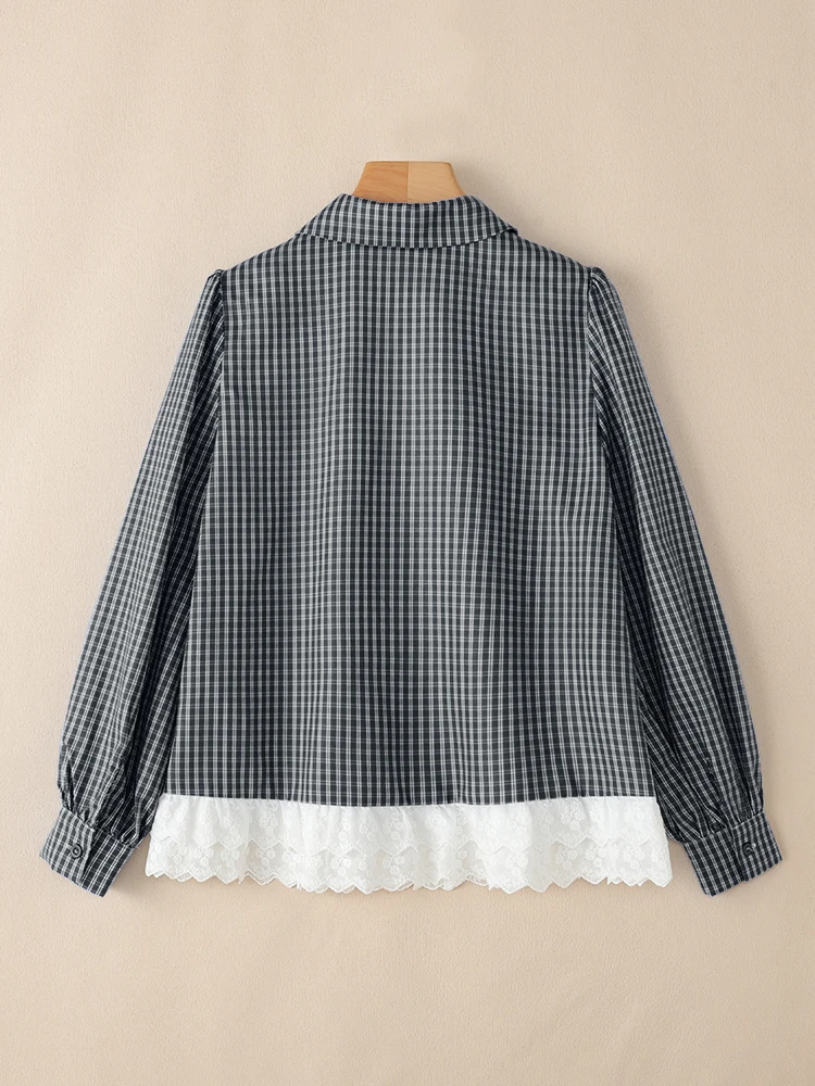 2025 VONDA Elegant Women Long Sleeve Shirts Fashion Plaid Blouse Autumn Lace Patchwork Button Stylish Korean Tops Tunic Blusas