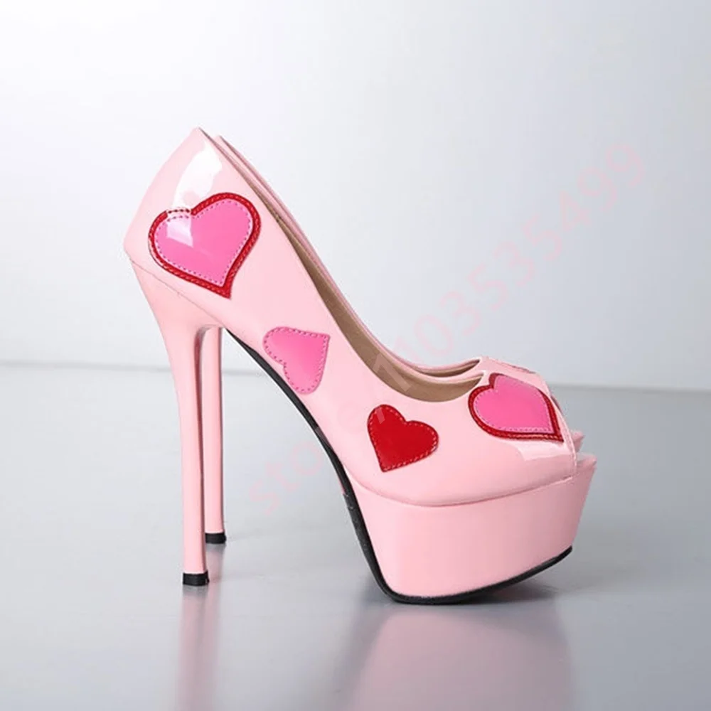

Women's Black/pink Platform Peep Toe Pumps 2026 Summer New Sweet Heart Decor Stiletto Heels Valentine's Day Party Dress Shoes
