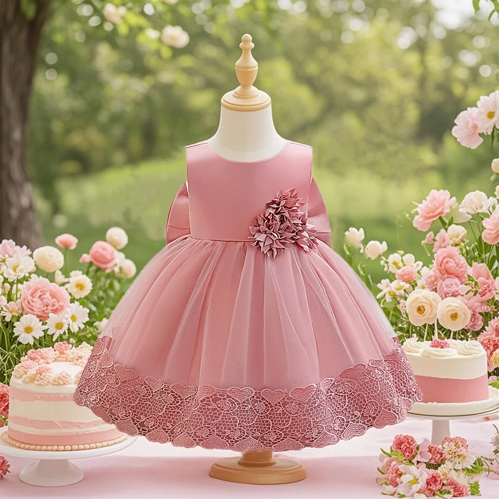 

Flower Embroidered Rose Pink Girl Dress with Bow Design Sweet and Elegant Girl Dress