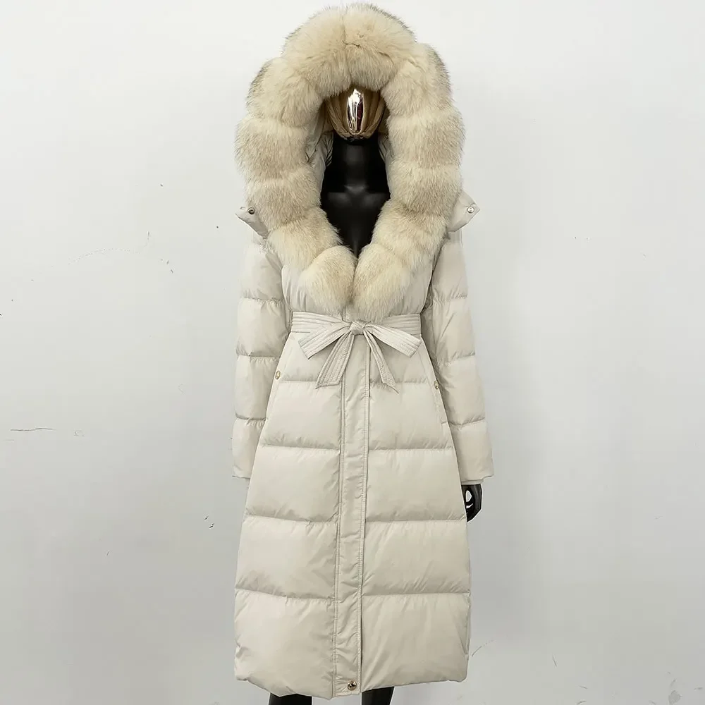 秋冬新作 レディース ロング ホワイトグースダウンコート 天然フォックスファー襟付きジャケット 女性用 ベルト付き フード付き 暖かい パファージャケット