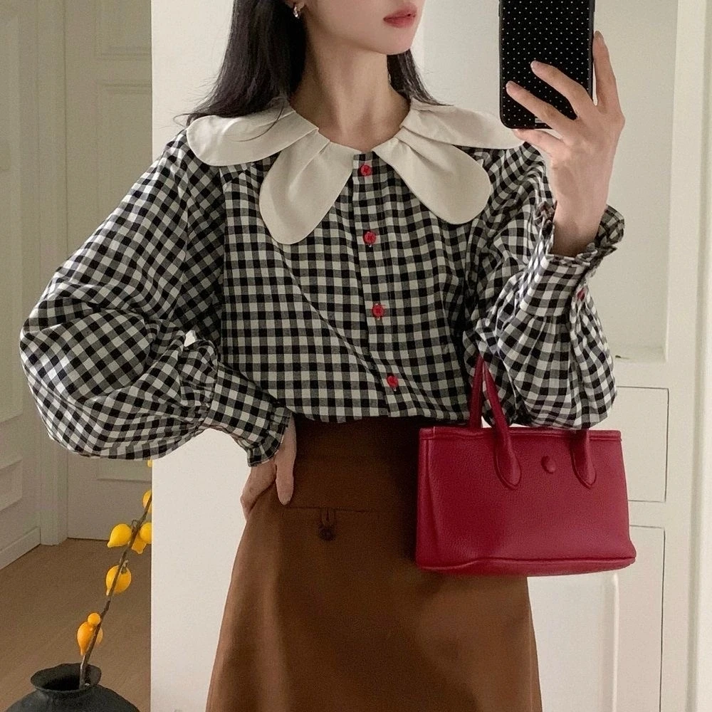 2025 Spring Petal O-neck Design Long Sleeve Red Button Checkered Shirt Loose Sweet Fashion Style Women Blouses