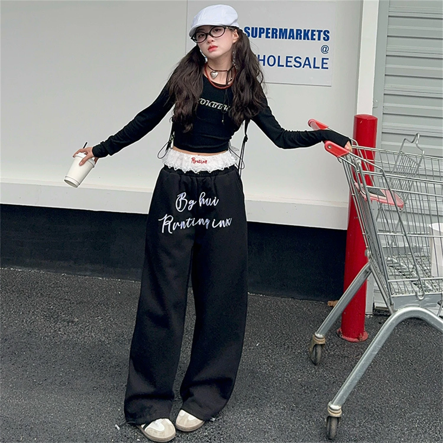Women's Y2K Lace Waist Wide Leg Pants Letter Print Baggy Streetwear Trousers Casual Loose Sweatpants