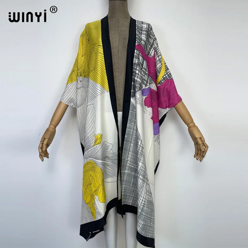 2022 Europe WINYI bikini sweet lady beach cover up Cardigan Cocktail sexy Boho free size Holiday long Sleeve Kimono kaftan