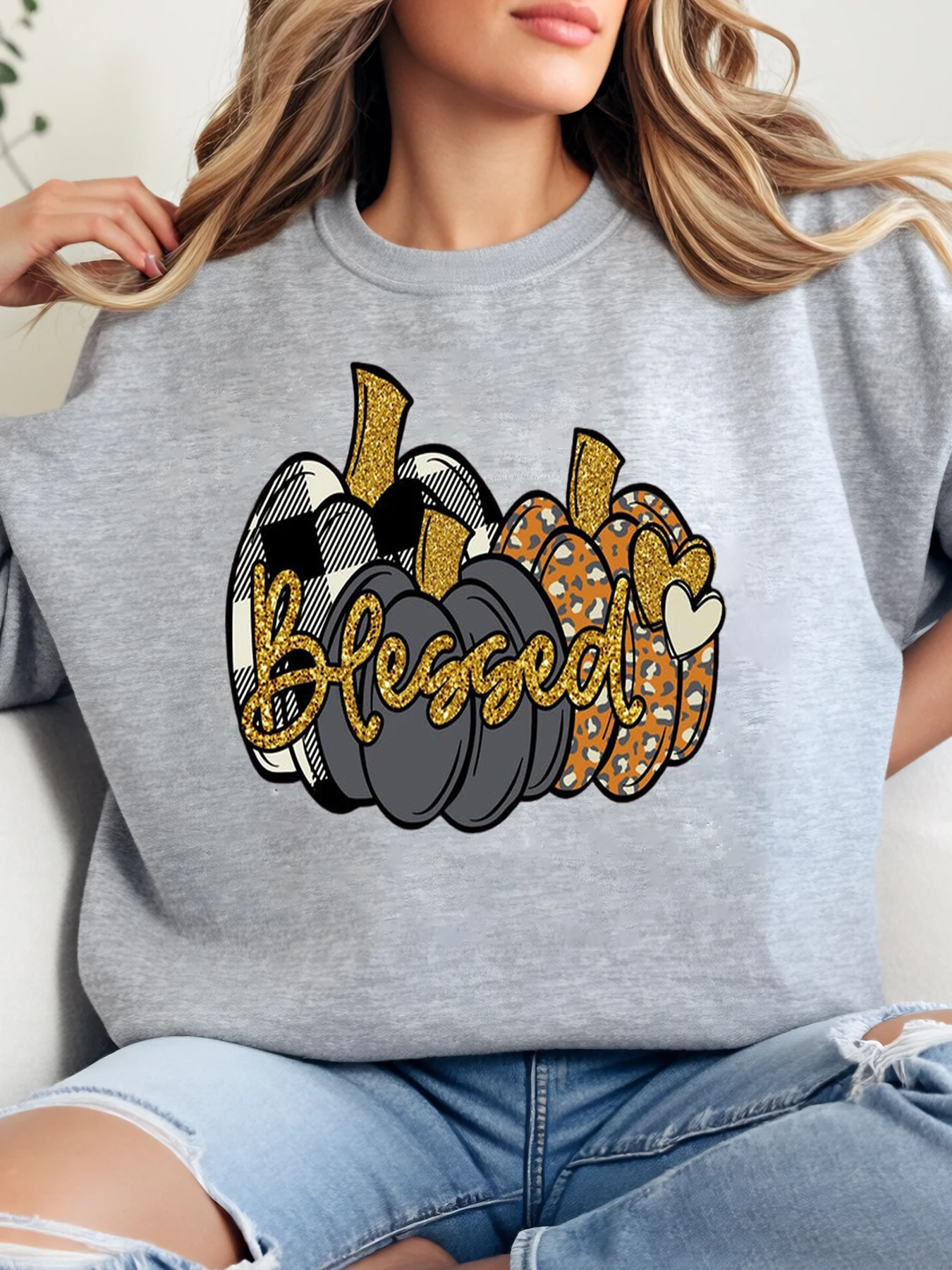 

Толстовка с круглым вырезом и текстовым узором тыквы, осенний фестиваль, женская повседневная одежда, серый, большие размеры