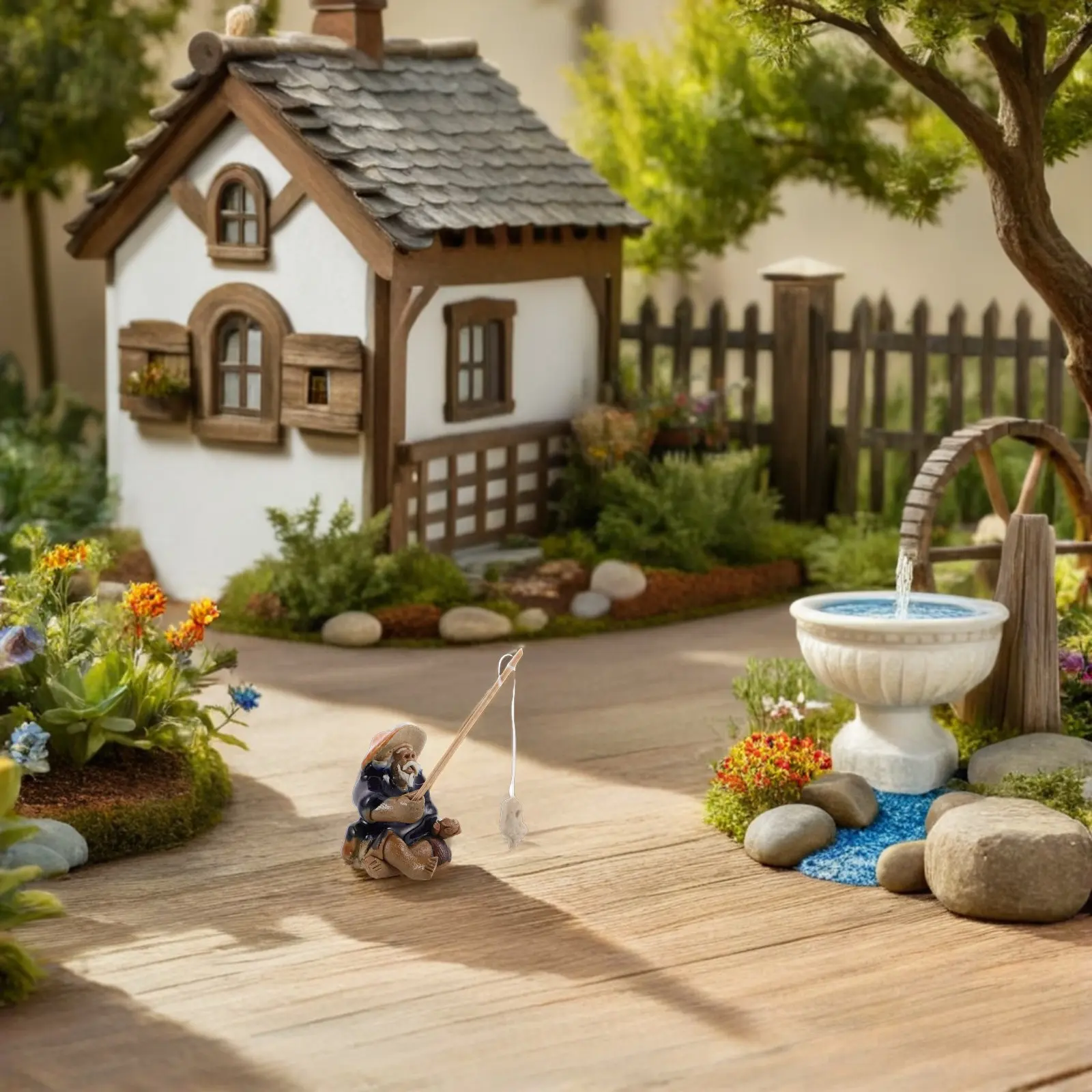 Mini Ceramic Fisherman Statue Sitting Pose Garden Bonsai Decoration Aquarium Fish Tank Micro Landscape Asian Inspired Small