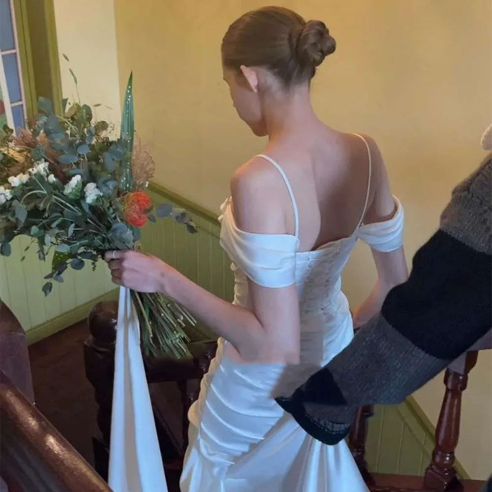 Eleganti abiti da sposa a sirena in raso morbido coreano servizio fotografico cinghie per Spaghetti lunghezza del pavimento abiti da sera per feste BrideCL-545