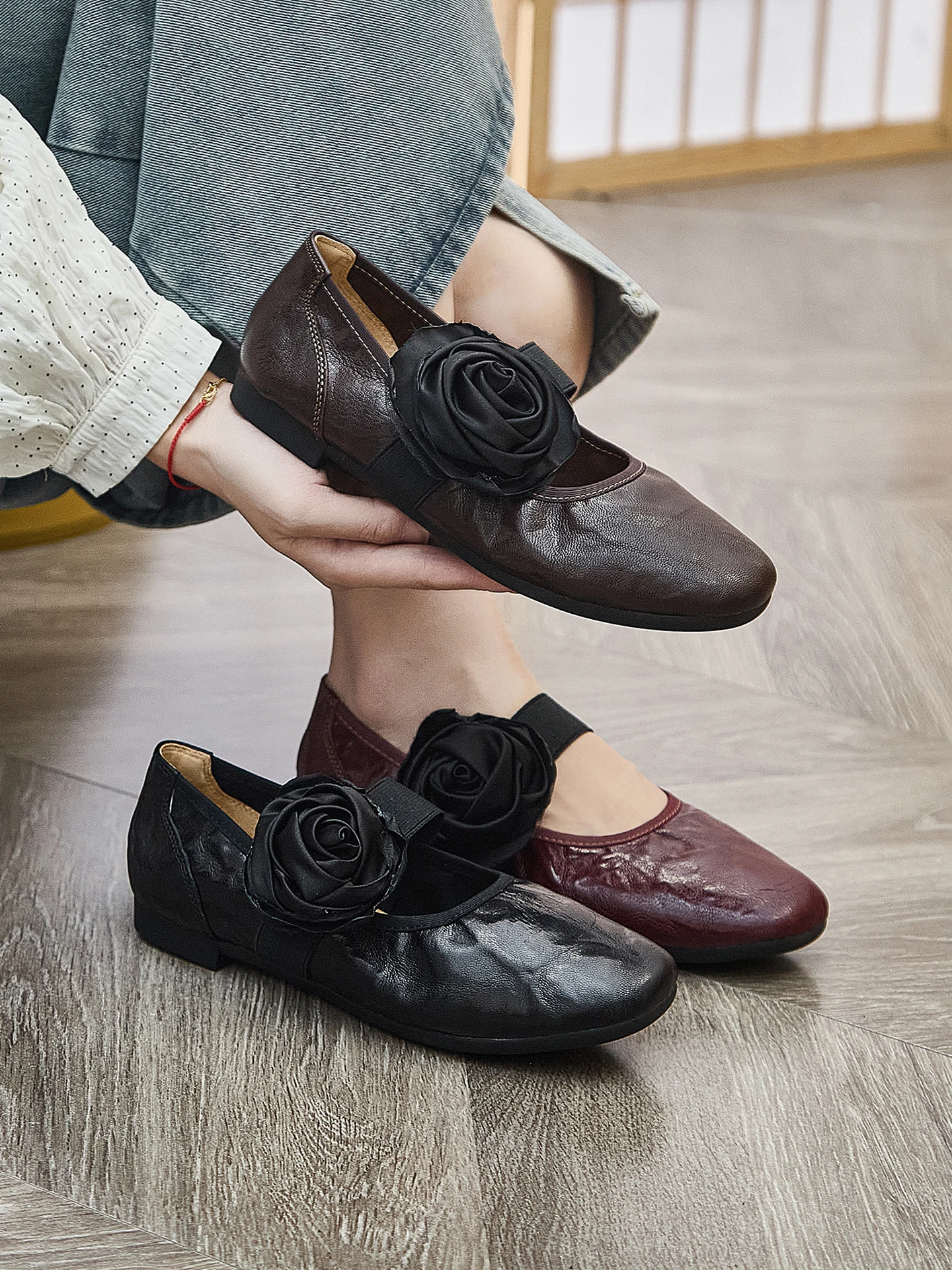 Retro American Fashion Leather Shoes Mary Janes Soft Bottom Floral Women's Single Shoes High Quality Natural Leather Spring A...