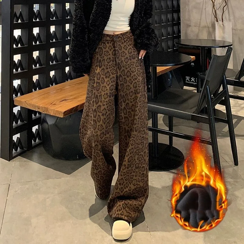 FINEWORDS Warm Winter Cashmere Leopard Print Pants Women Korean Streetwear High Waist Wide Leg Pants Vintage Casual Loose Pants