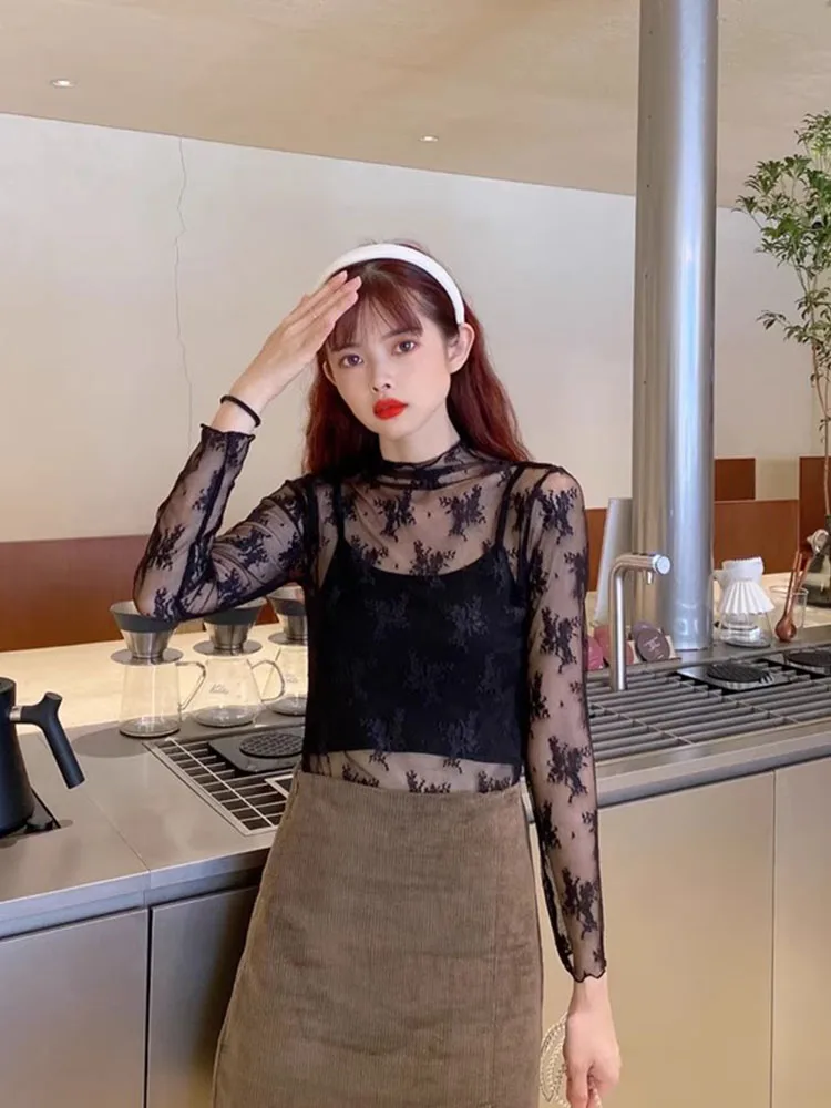 Transparent sexy lace base shirt, women's mesh see through hollow out spring and autumn thin black long sleeved top