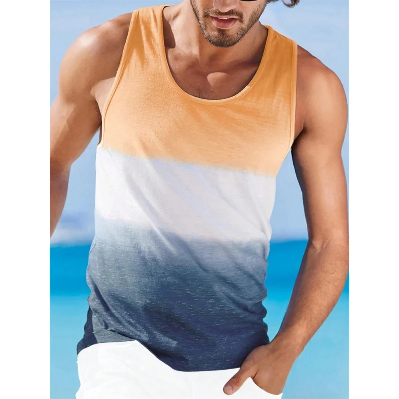 

3D Printed Colorful Stripe Gradient Tank Tops For Men Coconut Tree Pattern Tees Summer Loose Street Sport Tops Round Neck Vest