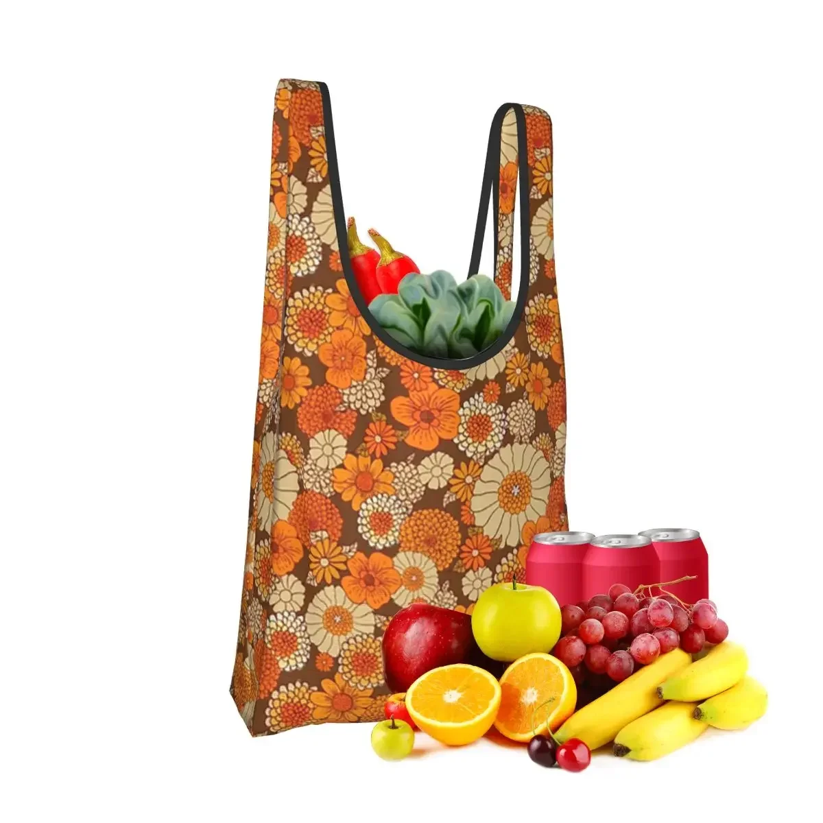 70s Retro Daisies Vintage Flower Power Orange And Brown Boho Shopping Bag Portable Tote Bags Reusable Shoulder Shopper Bag