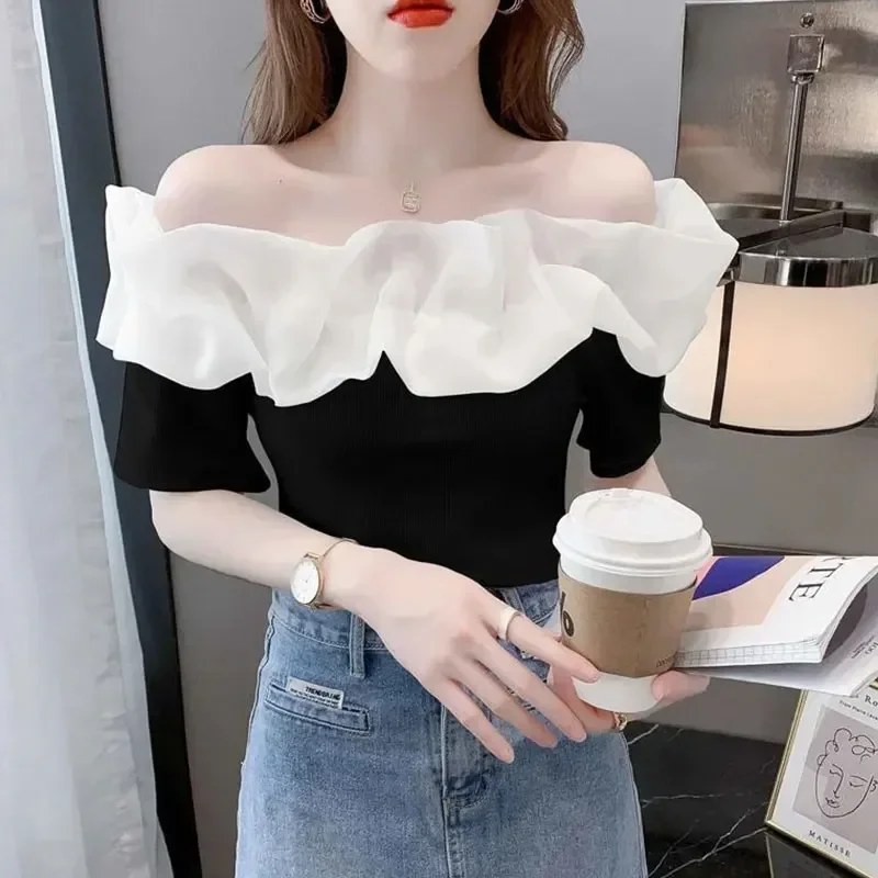 Off Shoulder Top Sexy Exposed Clavicle Ruffled Short Sleeve T-shirt Female Summer Chic Elegant Blouses Niche Fairy Kawaii Tops