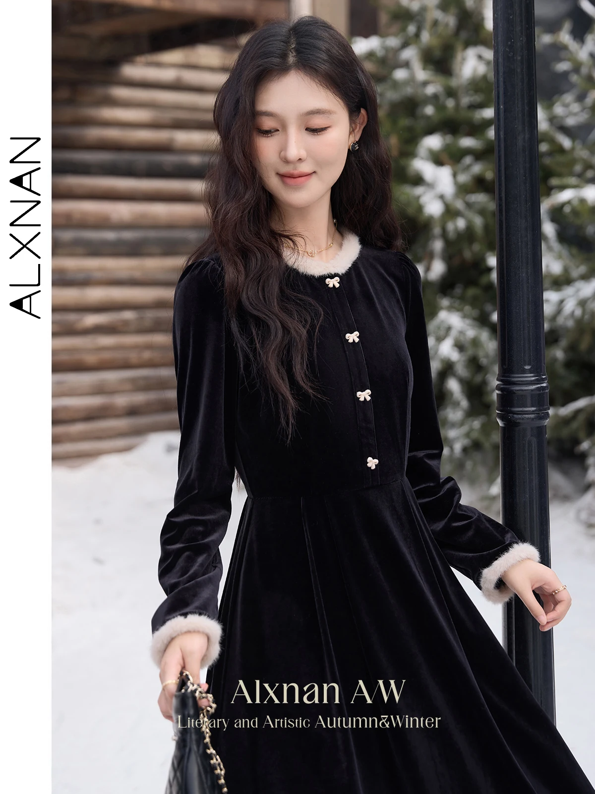 

ALXNAN Winter Velvet Midi Dress for Women Patchwork O-neck Bow Button Long Sleeve Dresses Female Commuter Clothing 2024 L52261