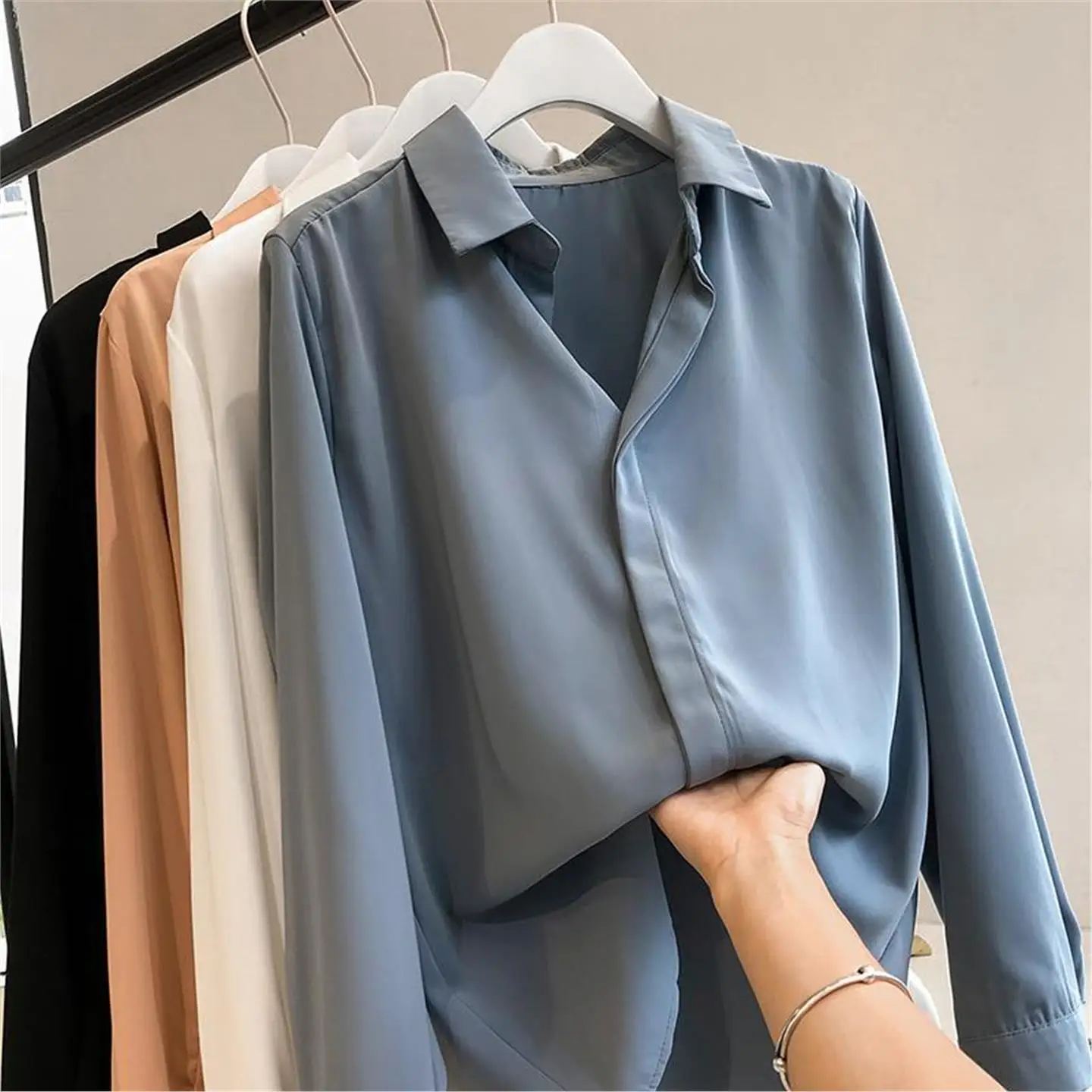 المرأة طويلة Sve الشيفون irt لون نقي قاعدة طبقة OL Sle زر حتى بسيط Ele ربيع الخريف العلامة التجارية الحرة ip