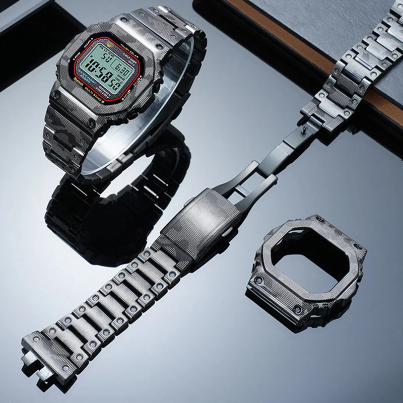 

Комплект из стального ремешка и корпуса для часов Casio GMW-B5000, маленькие серебристые часы с золотыми вставками, модифицированный камуфляжный дизайн, титановый сплав.