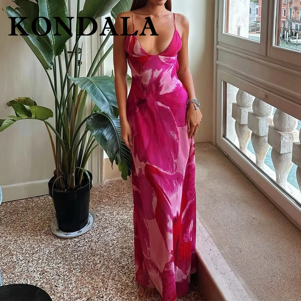KONDALA Chic Sexy 2025 été rose plissé femme robe nœud cou monté vacances longue robe imprimer femme fermeture éclair gaine robes