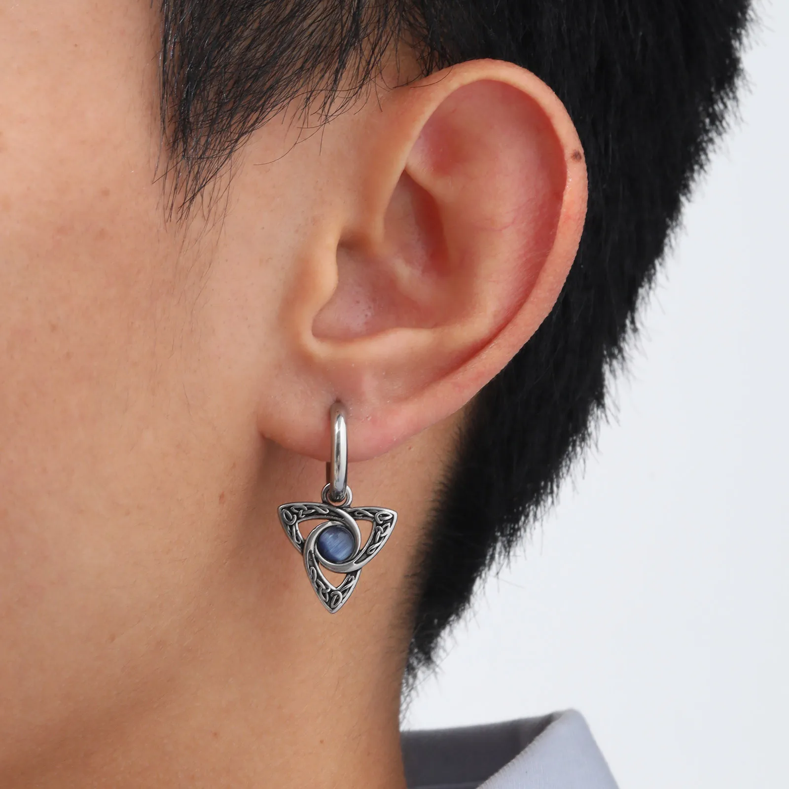 Geometric Triangle Earrings for Men Boys,Viking Natural Stone Inlaid Huggies Hoop Earrings,Vintage Ear Jewelry Gifts