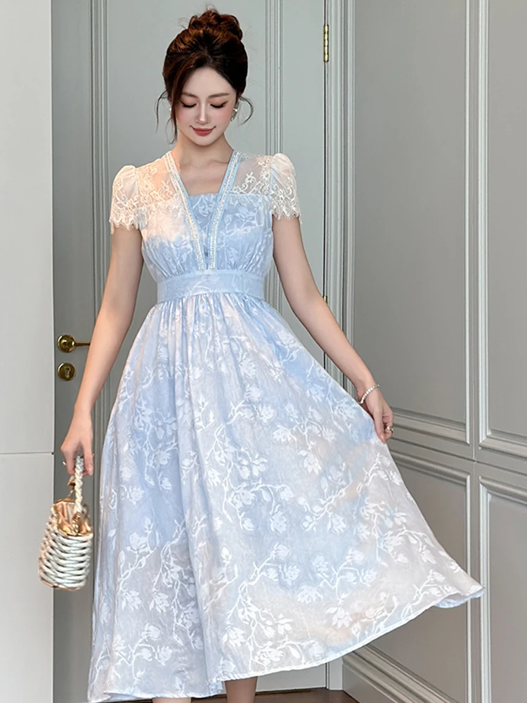 Sweet Light Blue Floral Lace Splice Slim Maxi Long Dress Women's Sheer  Pearl Bubble Sleeve Robe Elegant Party Vestidos Holiday - AliExpress  200000345